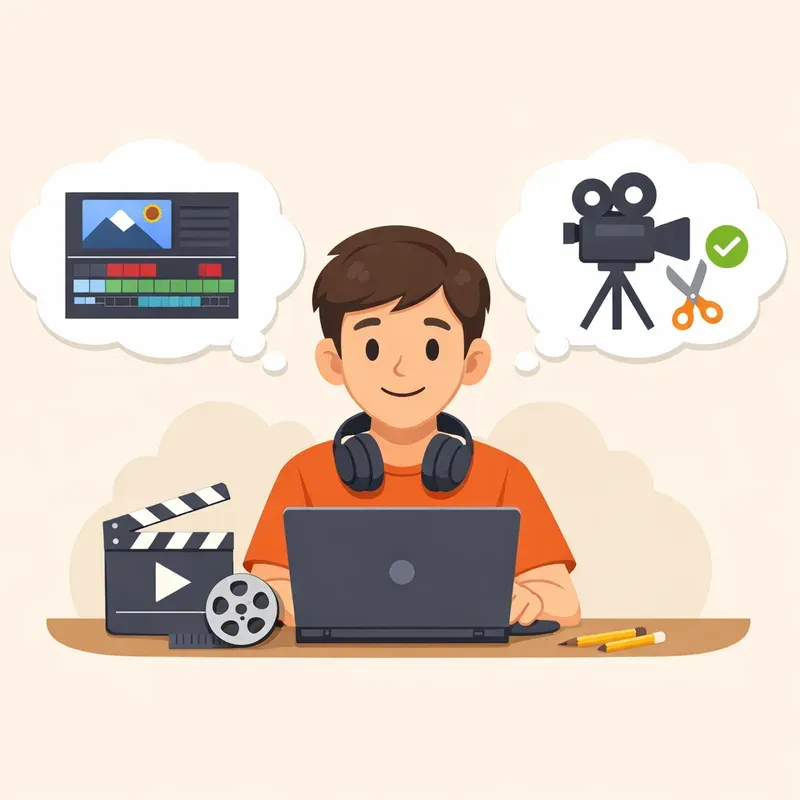 노트북과 편집·촬영 아이콘으로 표현한 영상편집 입문 일러스트